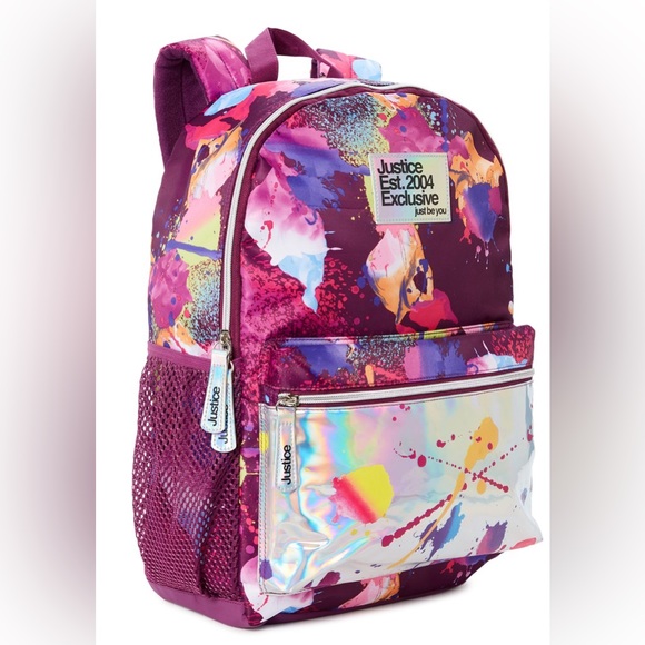 Justice Girl’s 17” Laptop Backpack Iridescent Purple Multi-Color Splatter - Picture 2 of 4